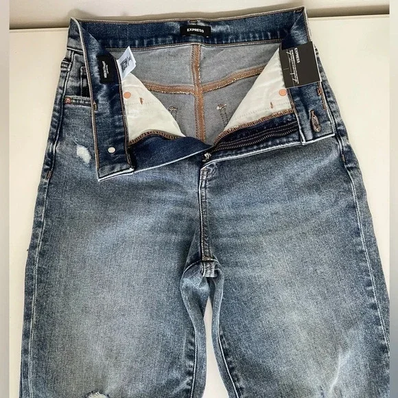 Express Modern Straight Leg Super High Rise Distressed Blue Jeans Women’s 2S NWT - Picture 9 of 14